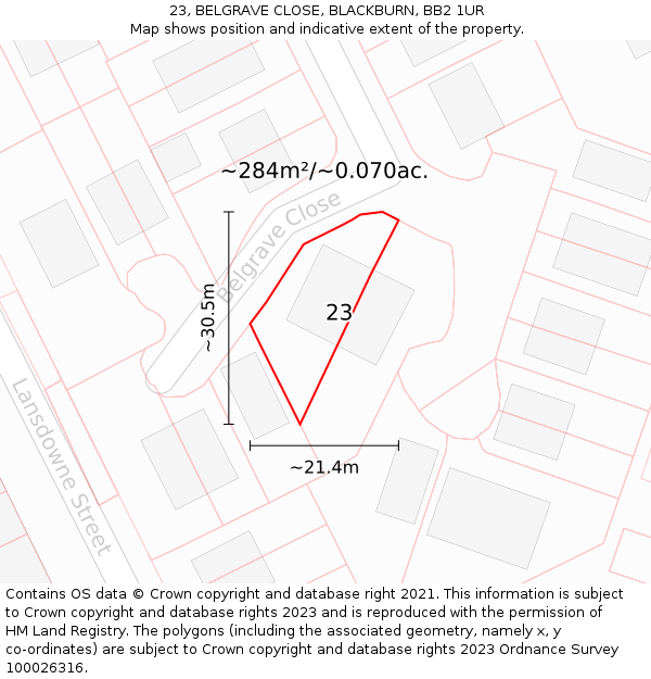 23, BELGRAVE CLOSE, BLACKBURN, BB2 1UR: Plot and title map