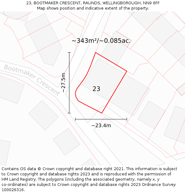 23, BOOTMAKER CRESCENT, RAUNDS, WELLINGBOROUGH, NN9 6FF: Plot and title map