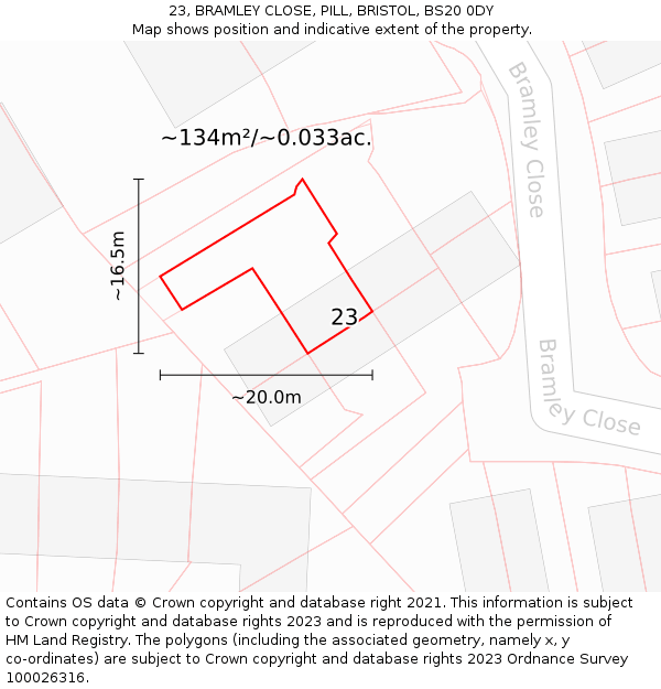 23, BRAMLEY CLOSE, PILL, BRISTOL, BS20 0DY: Plot and title map