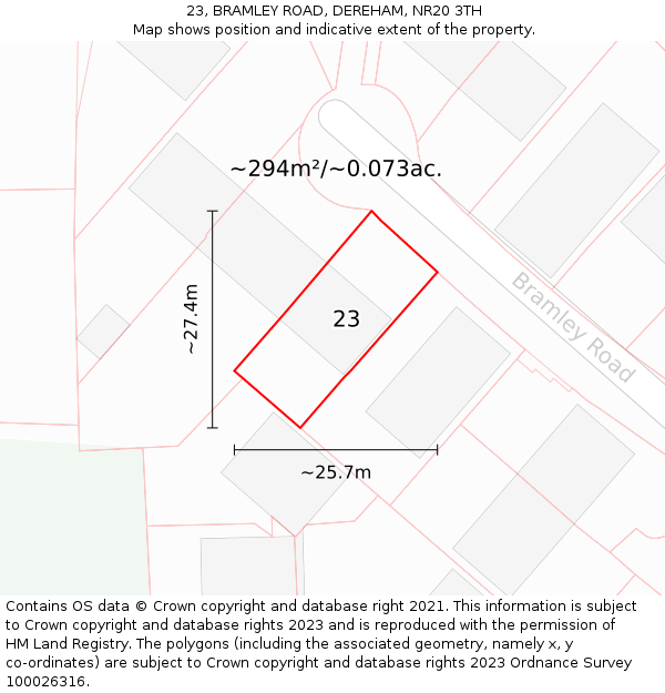 23, BRAMLEY ROAD, DEREHAM, NR20 3TH: Plot and title map