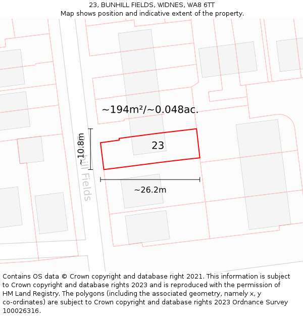 23, BUNHILL FIELDS, WIDNES, WA8 6TT: Plot and title map