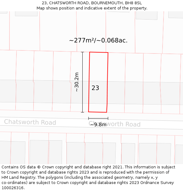 23, CHATSWORTH ROAD, BOURNEMOUTH, BH8 8SL: Plot and title map