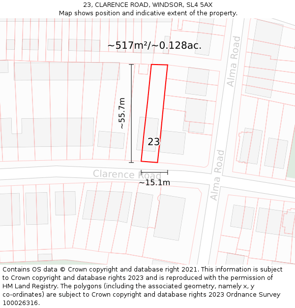 23, CLARENCE ROAD, WINDSOR, SL4 5AX: Plot and title map