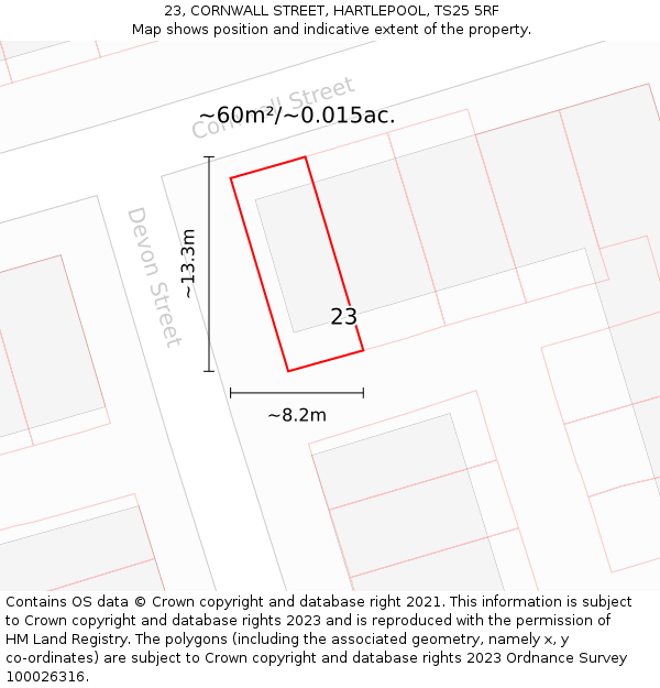 23, CORNWALL STREET, HARTLEPOOL, TS25 5RF: Plot and title map