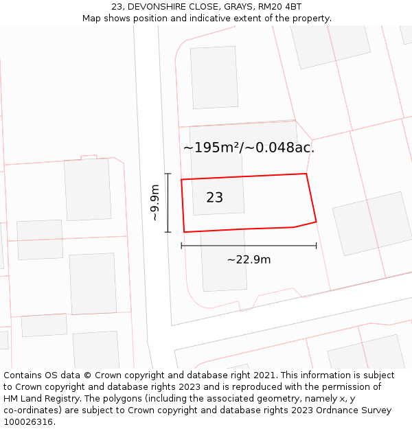 23, DEVONSHIRE CLOSE, GRAYS, RM20 4BT: Plot and title map