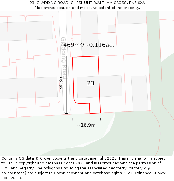 23, GLADDING ROAD, CHESHUNT, WALTHAM CROSS, EN7 6XA: Plot and title map