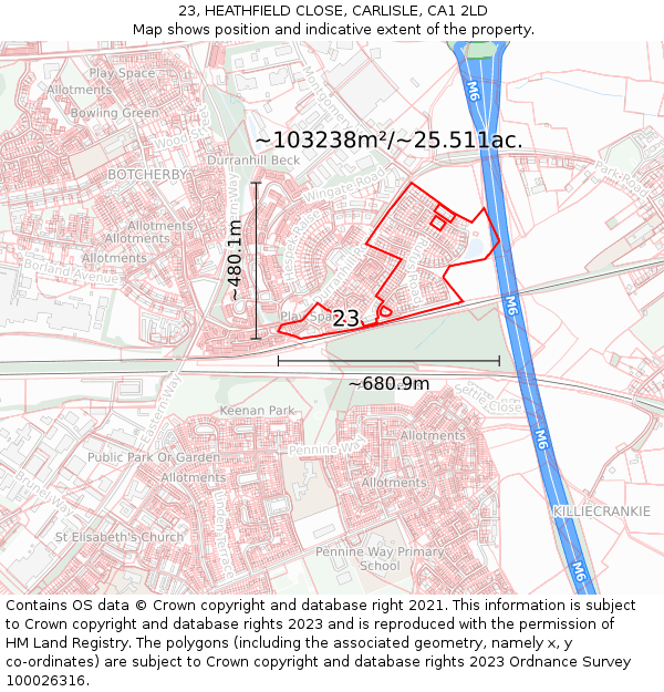23, HEATHFIELD CLOSE, CARLISLE, CA1 2LD: Plot and title map