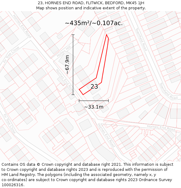 23, HORNES END ROAD, FLITWICK, BEDFORD, MK45 1JH: Plot and title map