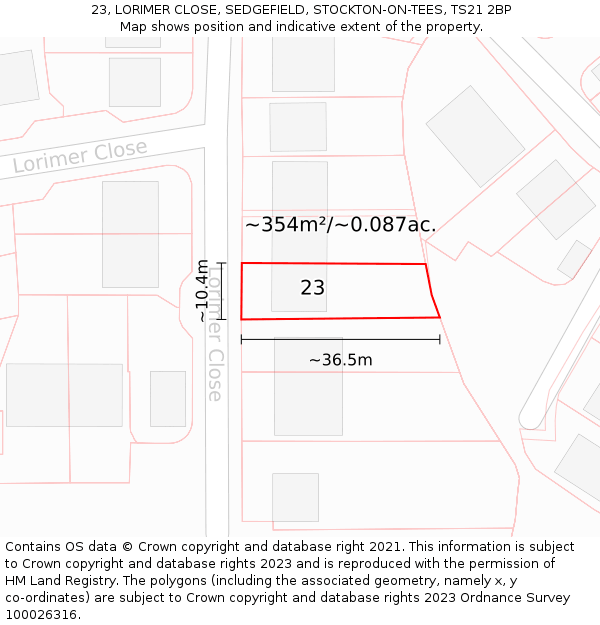 23, LORIMER CLOSE, SEDGEFIELD, STOCKTON-ON-TEES, TS21 2BP: Plot and title map