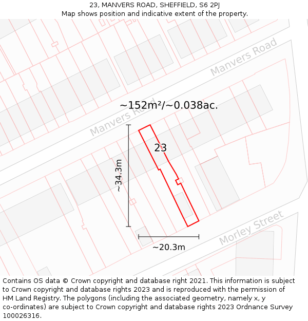 23, MANVERS ROAD, SHEFFIELD, S6 2PJ: Plot and title map