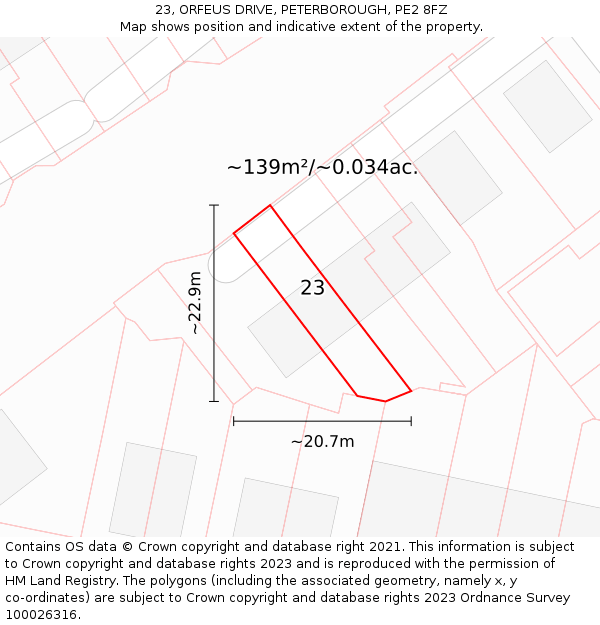 23, ORFEUS DRIVE, PETERBOROUGH, PE2 8FZ: Plot and title map