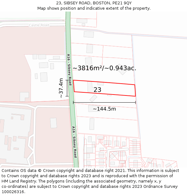 23, SIBSEY ROAD, BOSTON, PE21 9QY: Plot and title map