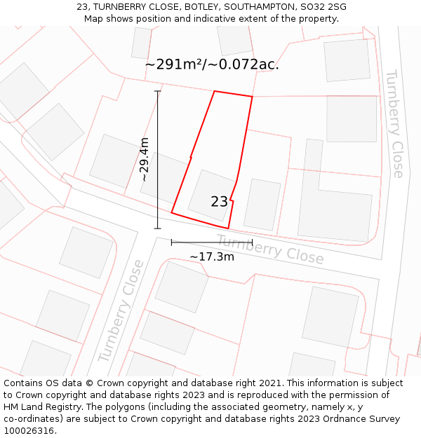 23, TURNBERRY CLOSE, BOTLEY, SOUTHAMPTON, SO32 2SG: Plot and title map
