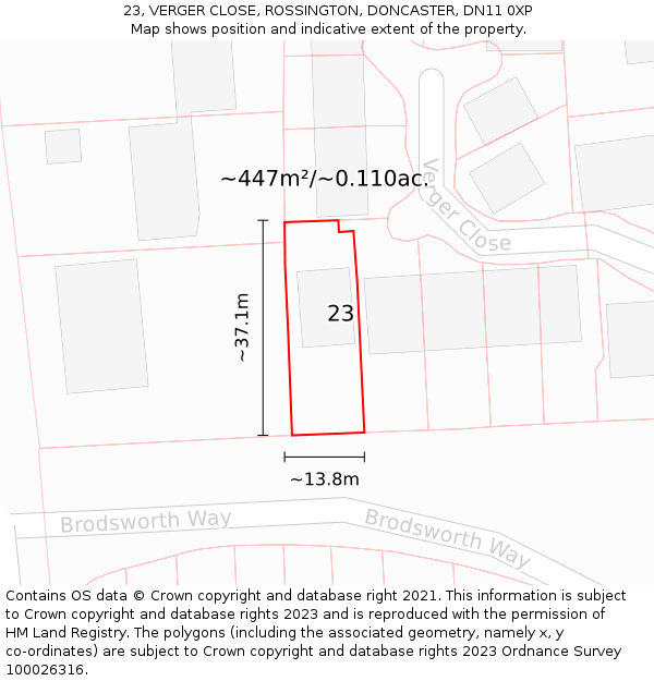 23, VERGER CLOSE, ROSSINGTON, DONCASTER, DN11 0XP: Plot and title map