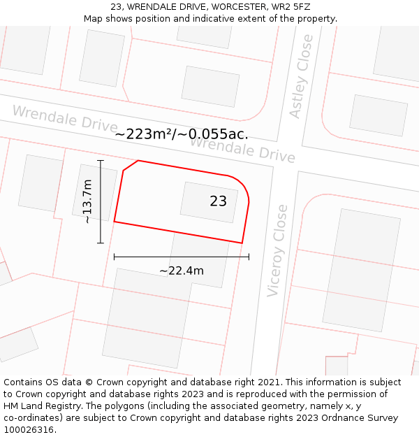 23, WRENDALE DRIVE, WORCESTER, WR2 5FZ: Plot and title map