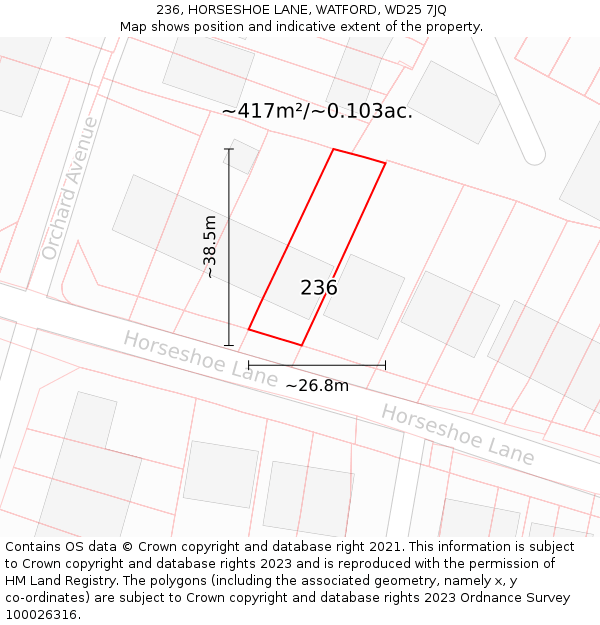 236, HORSESHOE LANE, WATFORD, WD25 7JQ: Plot and title map