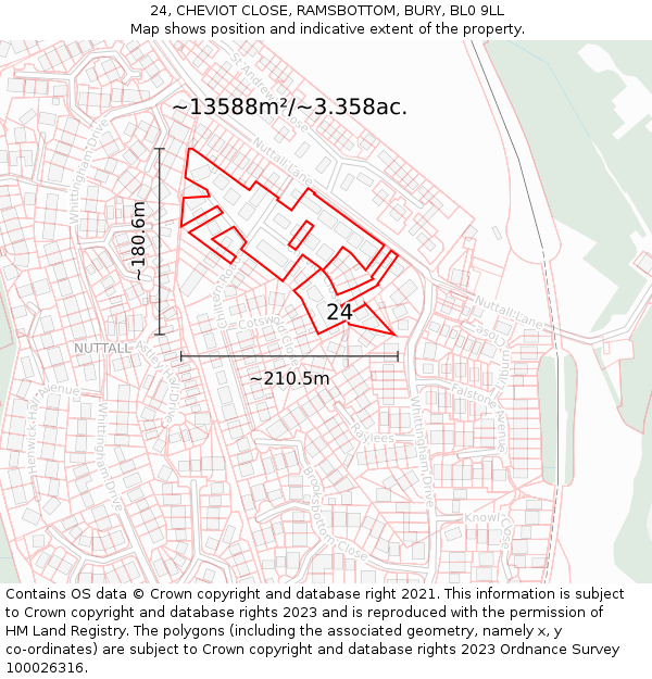 24, CHEVIOT CLOSE, RAMSBOTTOM, BURY, BL0 9LL: Plot and title map