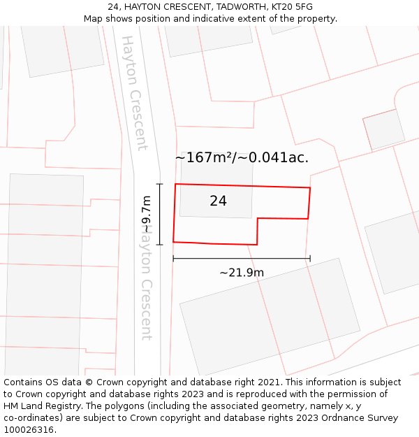 24, HAYTON CRESCENT, TADWORTH, KT20 5FG: Plot and title map