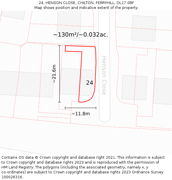 24, HENSON CLOSE, CHILTON, FERRYHILL, DL17 0BF: Plot and title map