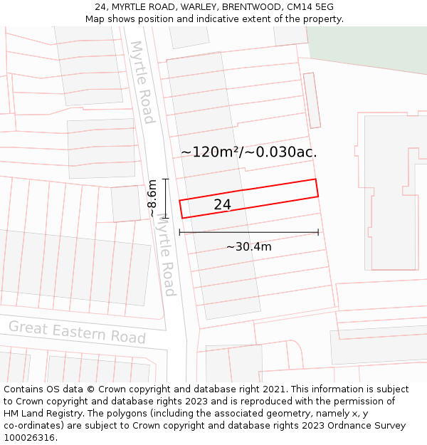 24, MYRTLE ROAD, WARLEY, BRENTWOOD, CM14 5EG: Plot and title map