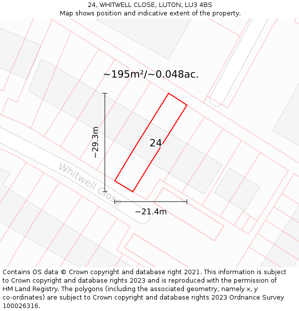 24, WHITWELL CLOSE, LUTON, LU3 4BS: Plot and title map