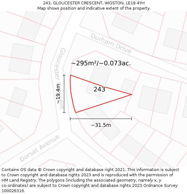 243, GLOUCESTER CRESCENT, WIGSTON, LE18 4YH: Plot and title map