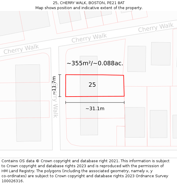 25, CHERRY WALK, BOSTON, PE21 8AT: Plot and title map