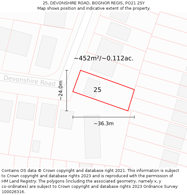 25, DEVONSHIRE ROAD, BOGNOR REGIS, PO21 2SY: Plot and title map