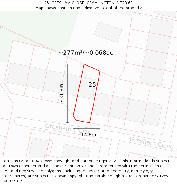25, GRESHAM CLOSE, CRAMLINGTON, NE23 6EJ: Plot and title map