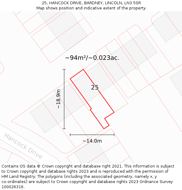 25, HANCOCK DRIVE, BARDNEY, LINCOLN, LN3 5SR: Plot and title map