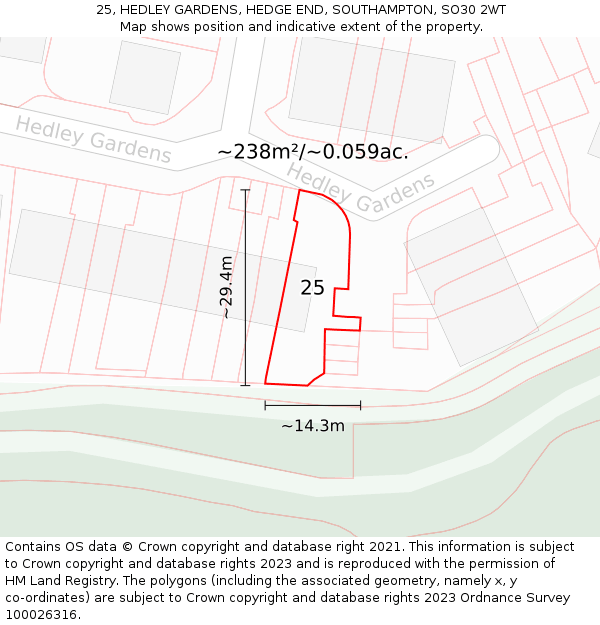 25, HEDLEY GARDENS, HEDGE END, SOUTHAMPTON, SO30 2WT: Plot and title map