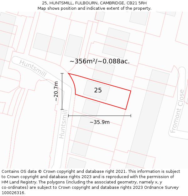 25, HUNTSMILL, FULBOURN, CAMBRIDGE, CB21 5RH: Plot and title map