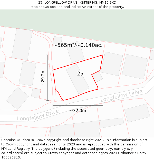 25, LONGFELLOW DRIVE, KETTERING, NN16 9XD: Plot and title map