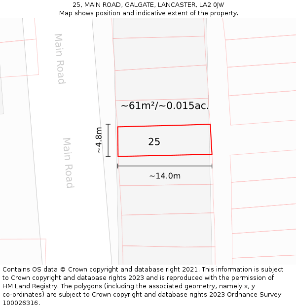 25, MAIN ROAD, GALGATE, LANCASTER, LA2 0JW: Plot and title map