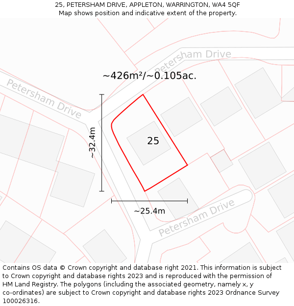25, PETERSHAM DRIVE, APPLETON, WARRINGTON, WA4 5QF: Plot and title map