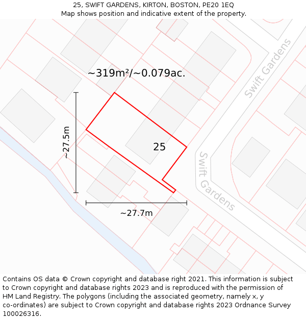 25, SWIFT GARDENS, KIRTON, BOSTON, PE20 1EQ: Plot and title map