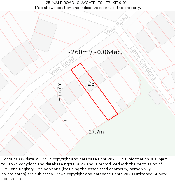 25, VALE ROAD, CLAYGATE, ESHER, KT10 0NL: Plot and title map