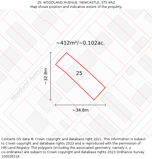 25, WOODLAND AVENUE, NEWCASTLE, ST5 8AZ: Plot and title map