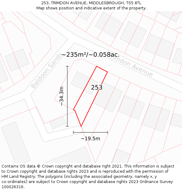 253, TRIMDON AVENUE, MIDDLESBROUGH, TS5 8TL: Plot and title map