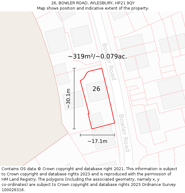 26, BOWLER ROAD, AYLESBURY, HP21 9QY: Plot and title map