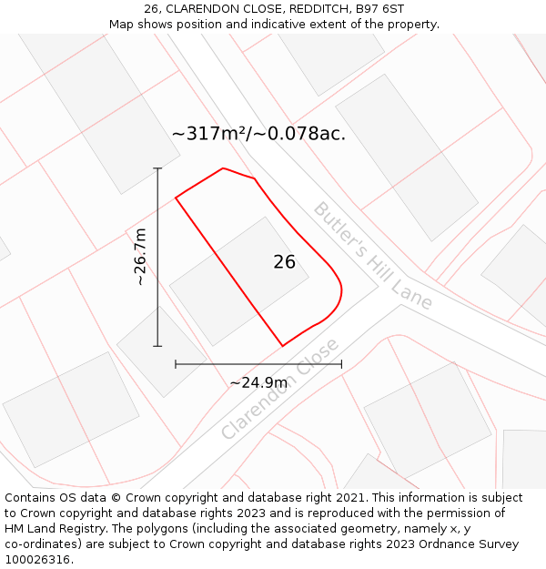 26, CLARENDON CLOSE, REDDITCH, B97 6ST: Plot and title map