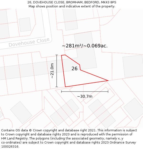 26, DOVEHOUSE CLOSE, BROMHAM, BEDFORD, MK43 8PS: Plot and title map