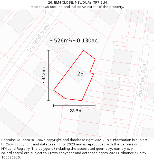 26, ELM CLOSE, NEWQUAY, TR7 2LN: Plot and title map