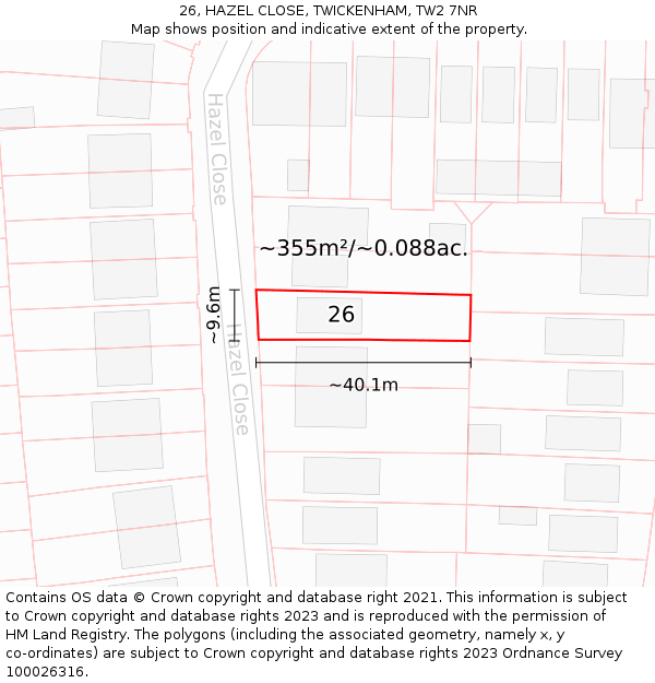 26, HAZEL CLOSE, TWICKENHAM, TW2 7NR: Plot and title map