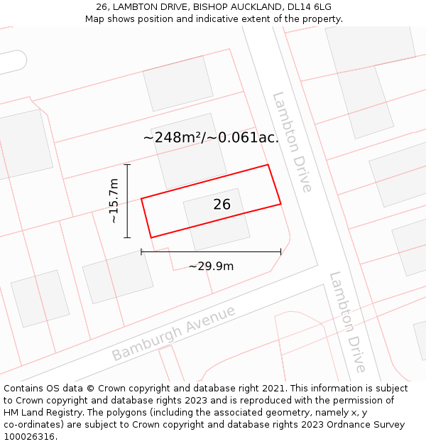 26, LAMBTON DRIVE, BISHOP AUCKLAND, DL14 6LG: Plot and title map