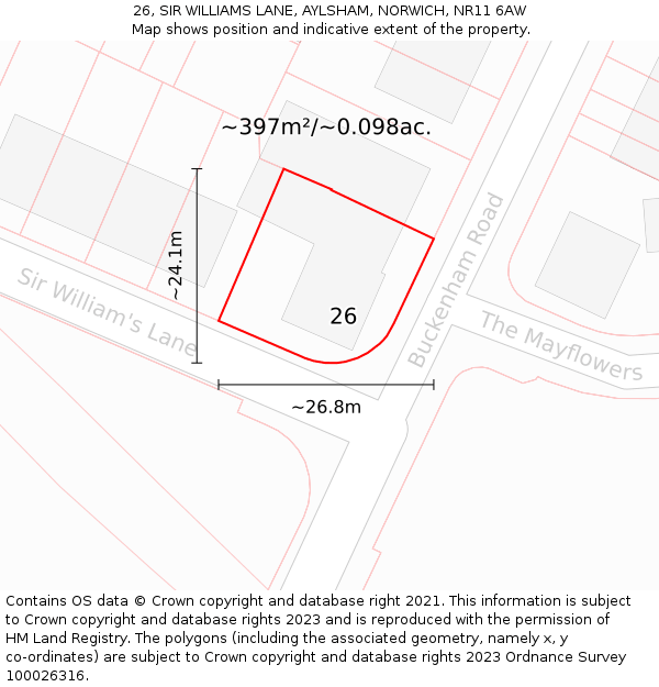 26, SIR WILLIAMS LANE, AYLSHAM, NORWICH, NR11 6AW: Plot and title map