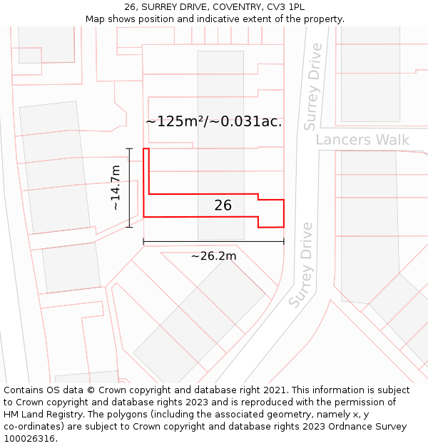 26, SURREY DRIVE, COVENTRY, CV3 1PL: Plot and title map