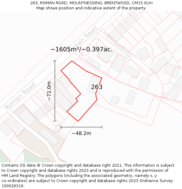 263, ROMAN ROAD, MOUNTNESSING, BRENTWOOD, CM15 0UH: Plot and title map