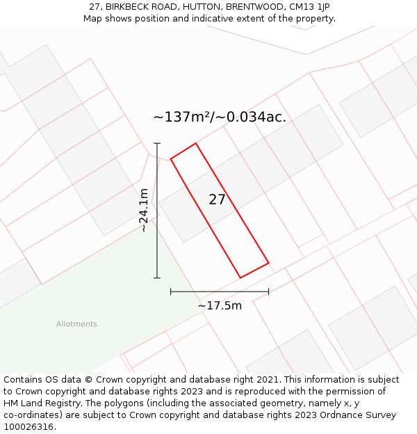 27, BIRKBECK ROAD, HUTTON, BRENTWOOD, CM13 1JP: Plot and title map
