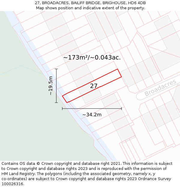 27, BROADACRES, BAILIFF BRIDGE, BRIGHOUSE, HD6 4DB: Plot and title map